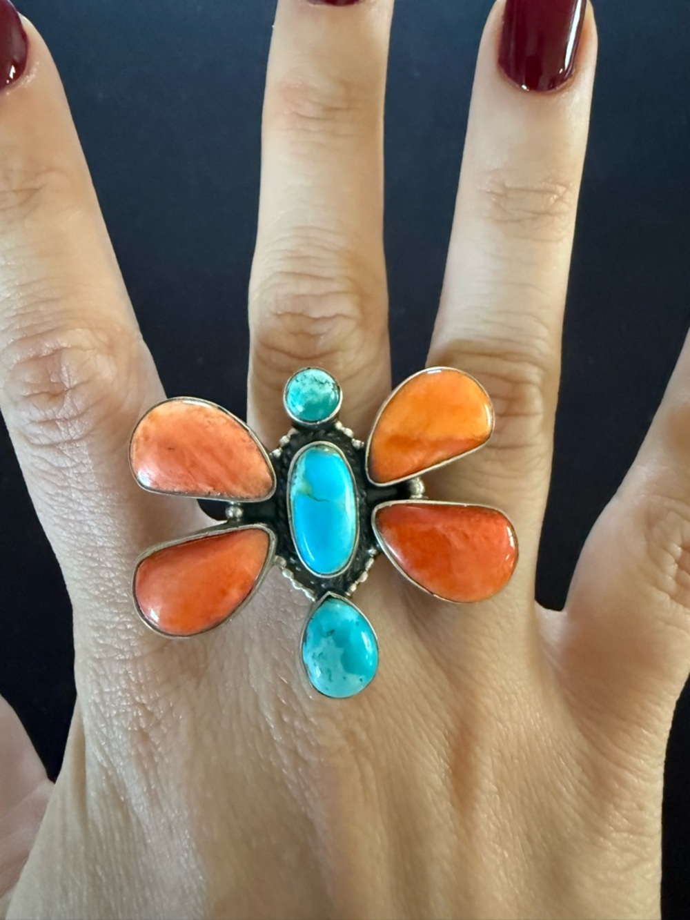 Large spiny oyster & turquoise butterfly ring. Solid silver. Adjustable size - Picture 3 of 4